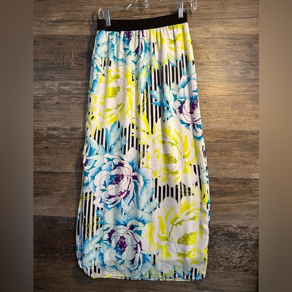Worthington Yellow and Blue Floral Pleated Maxi Skirt Casual - Picture 1 of 9